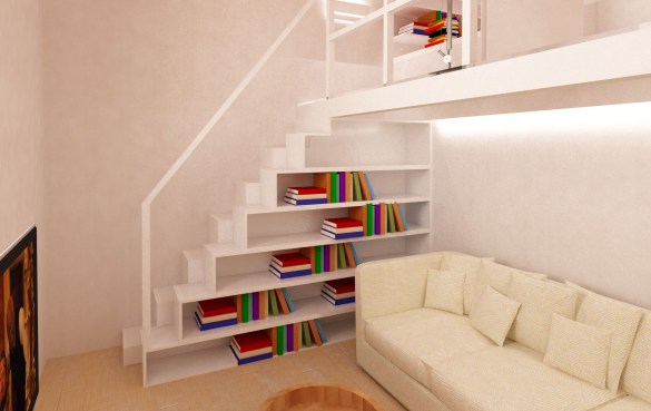 Soppalco in ferro e vetro con libreria integrata.