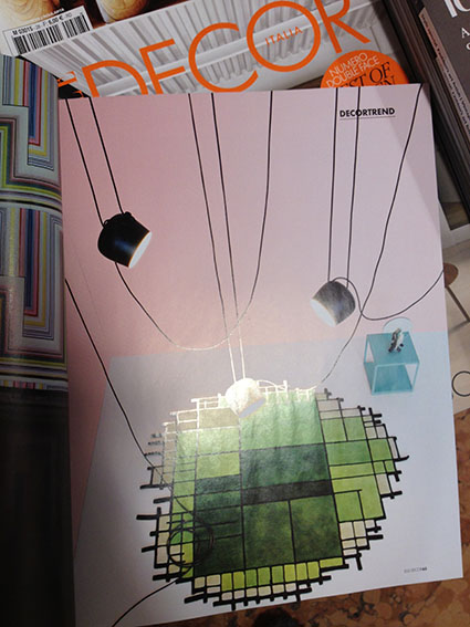 Luci a grappolo di Flos e particolare tappeto stile mondrian di Nodus da "Elle decor" Sett 2013